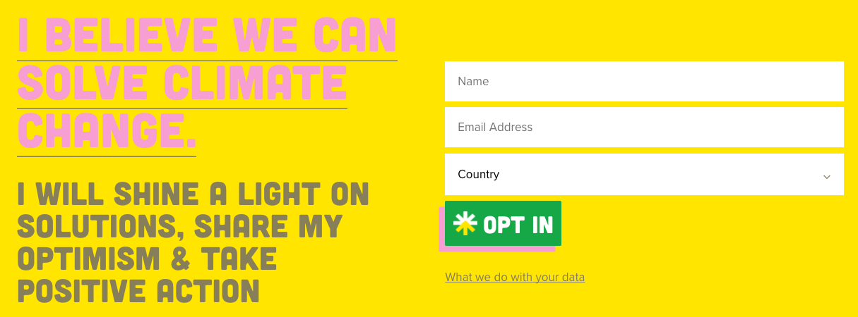 Opt-in page for the Climate Optimism campaign