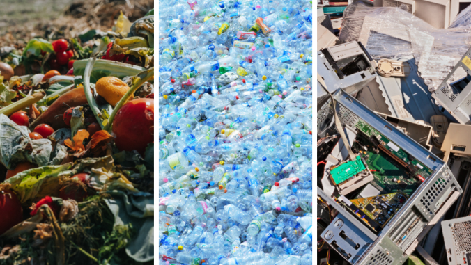 Three column image shows three different types of waste. From left to right, food waste, plastic waste and electronic waste