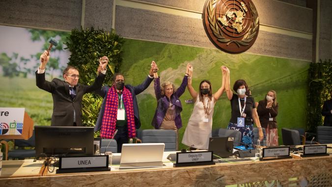 UNEA attendees stand up and hold raised hands