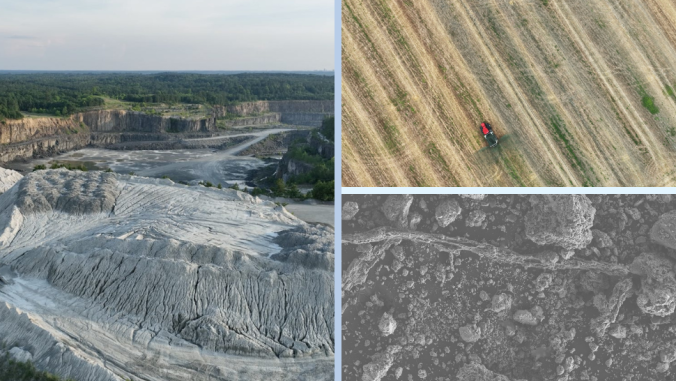 Collage: Volcanic rock; rockdust delivery on farmland; soil samples 