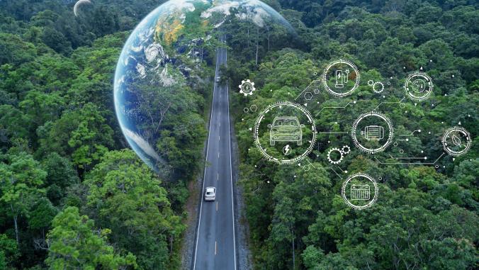 Electric vehicle going through forest with globe at the end of highway, transportation icons